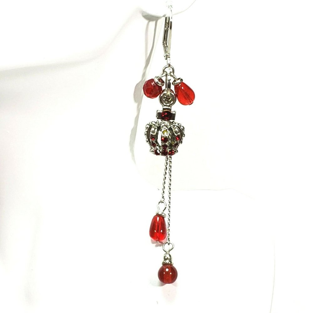 Silver Red Rhinestones Crown Earrings Dangles